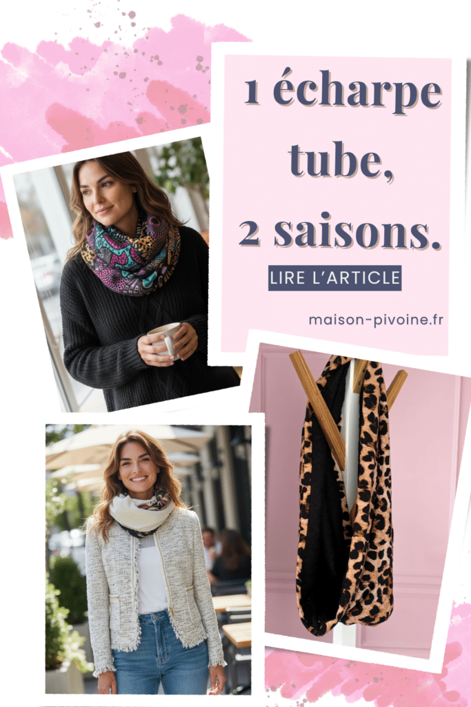 echarpe-tube-femme Montage de trois photos d’écharpes tubes portées en hiver et mi-saison avec texte “1 écharpe tube, 2 saisons” et bouton “Lire l’article”.