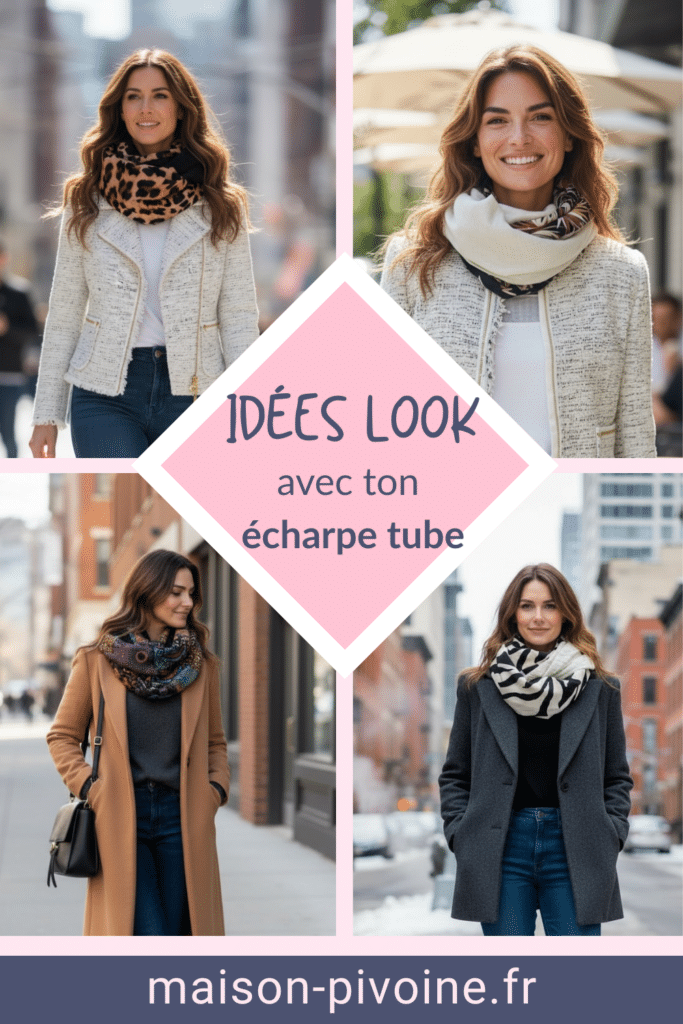 idees-look-echarpe-tube Femme souriante marchant en ville, portant une écharpe tube à imprimé léopard avec une veste claire en tweed et un jean.