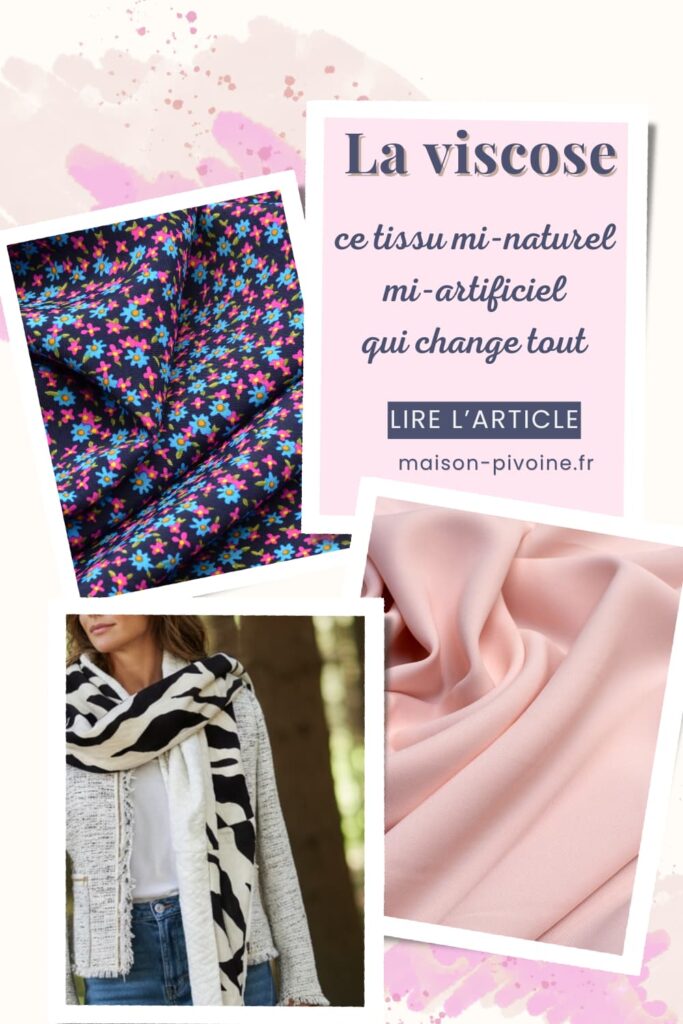 viscose-imitation-soie Montage de photos de tissus en viscose aux motifs fleuris et d’un foulard, avec le texte “La viscose, ce tissu mi-naturel mi-artificiel qui change tout