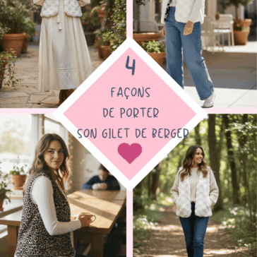 Montage photo présentant quatre façons de porter un gilet de berger pour femme : avec une robe longue bohème, avec un jean et un pull clair, avec un top blanc et un gilet motif léopard dans un café, et avec un pull écru et un jean en pleine nature. Texte central : « 4 façons de porter son gilet de berger – maison-pivoine.fr