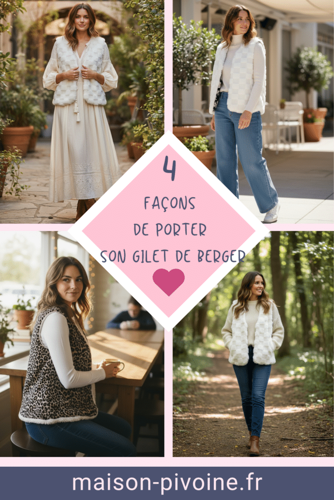 4-facons-de-prter-son-gilet-de-berger Montage photo présentant quatre façons de porter un gilet de berger pour femme : avec une robe longue bohème, avec un jean et un pull clair, avec un top blanc et un gilet motif léopard dans un café, et avec un pull écru et un jean en pleine nature. Texte central : « 4 façons de porter son gilet de berger – maison-pivoine.fr