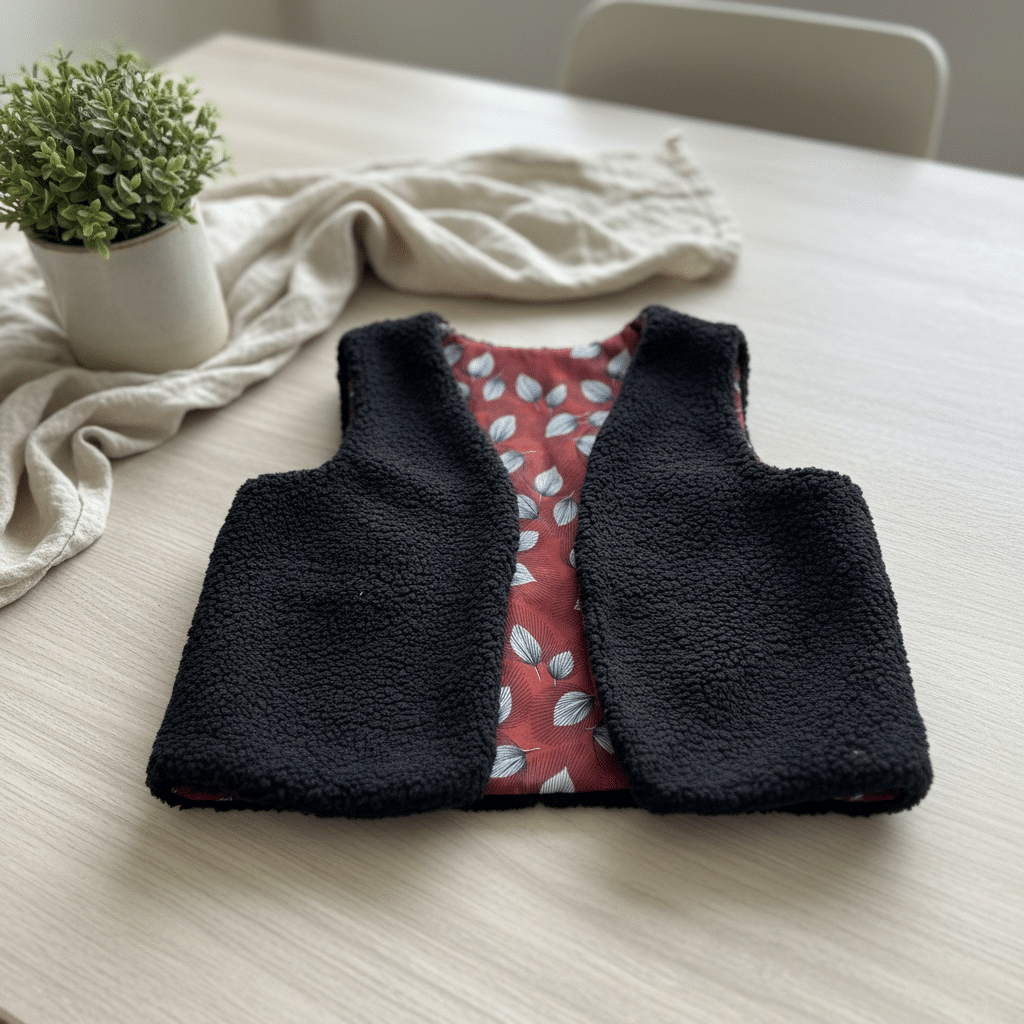 Gilet de berger réversible posé à plat sur une table, côté sherpa noir visible, avec le tissu viscose chocolat à motif feuilles au centre.