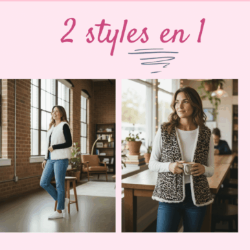 un gilet sans manche réversible pour femme avec deux styles en un. À gauche, une femme porte le gilet côté blanc uni avec un haut noir à manches longues, dans un intérieur lumineux avec grandes fenêtres. À droite, la même femme porte le gilet côté motif léopard avec un haut blanc à manches longues, dans un café avec une tasse à la main.