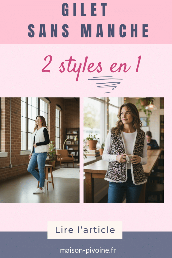 gilet-sans-manche un gilet sans manche réversible pour femme avec deux styles en un. À gauche, une femme porte le gilet côté blanc uni avec un haut noir à manches longues, dans un intérieur lumineux avec grandes fenêtres. À droite, la même femme porte le gilet côté motif léopard avec un haut blanc à manches longues, dans un café avec une tasse à la main.