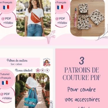 Une grille promotionnelle pour "Maison-Pivoine.fr" divisée en quatre sections sur un fond vieux rose et blanc. La section en haut à gauche présente un patron de couture pour sac banane (niveau intermédiaire), avec la photo d'une femme portant le sac. La section en haut à droite présente un patron pour étui à brosse à dents et rasoir (niveau débutant), avec la photo de l'étui sur une table. La section en bas à gauche présente un patron pour sac cabas (niveau débutant), avec la photo d'une femme portant le sac. La section en bas à droite contient le texte : "3 PATRONS DE COUTURE PDF Pour coudre vos accessoires préférés". Le pied de page affiche "MAISON-PIVOINE.FR". Chaque patron indique : "Tutoriel en Français", "PDF + Vidéo" et affiche un drapeau français