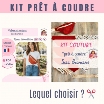Infographie comparative de la marque "Maison Pivoine" posant la question en haut : "PATRON COUTURE OU KIT PRÊT À COUDRE". En dessous, deux images côte à côte : à gauche, une fiche produit pour le patron du sac banane (avec photo d'une femme le portant, niveau intermédiaire, PDF + vidéo, tutoriel français) ; à droite, une photo à plat du kit couture avec les pièces de tissu découpées (velours bordeaux et motif floral), la sangle et le zip. En bas, le texte "Lequel choisir ?". L'image incite à "Lire l'article" sur maison-pivoine.fr.