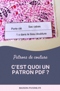 Photographie en gros plan d'une pièce de patron papier posée sur un tissu rose à motifs de plumes. Le patron indique « Porte clé Sac cabas » et l'instruction « 1 x dans le tissu doublure ». En bas, un bandeau bleu et rose affiche la question : « Patrons de couture : C'EST QUOI UN PATRON PDF ?