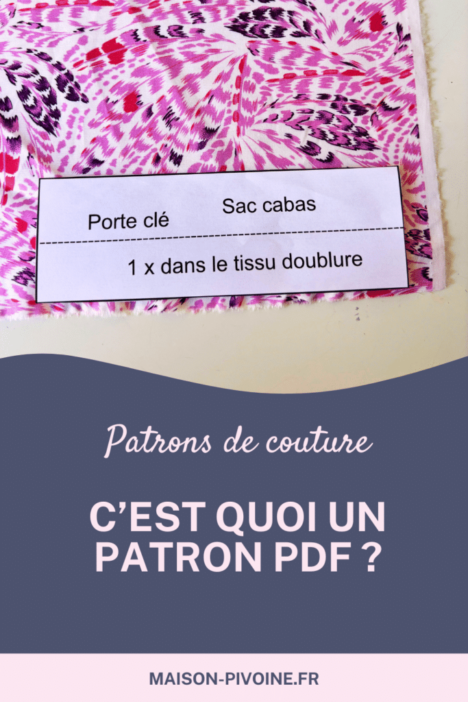 patrons-de-couture-pdf Photographie en gros plan d'une pièce de patron papier posée sur un tissu rose à motifs de plumes. Le patron indique « Porte clé Sac cabas » et l'instruction « 1 x dans le tissu doublure ». En bas, un bandeau bleu et rose affiche la question : « Patrons de couture : C'EST QUOI UN PATRON PDF ?