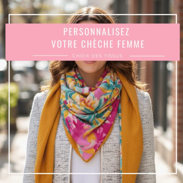Chèche femme personnalisé Magnolia porté autour du cou, avec un tissu imprimé multicolore et une seconde face unie.