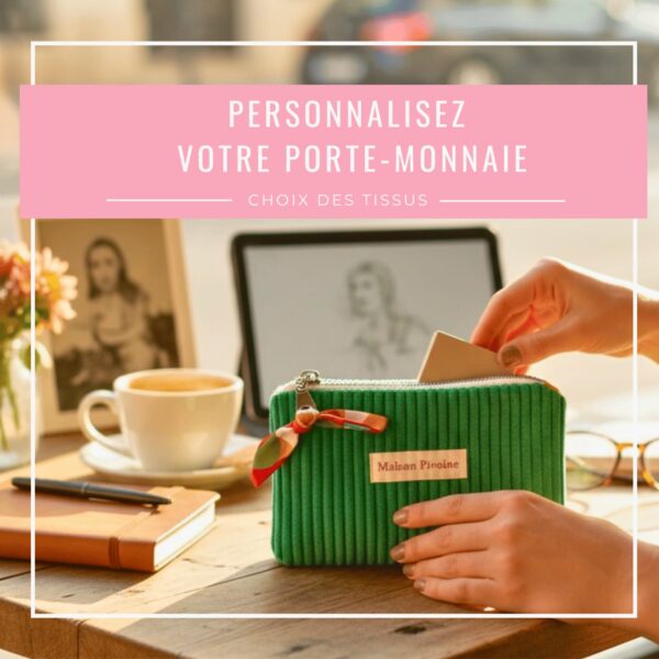 porte monnaie vert personnalisable posé sur une table en bois