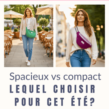 Épingle Pinterest comparatif sac banane Musa vs sac croissant Cosmos Maison Pivoine — deux femmes portant chaque sac en ville, avec titre "Comparatif sac banane et croissant, lequel choisir pour cet été ?" — créations artisanales made in France