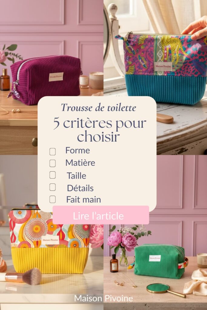 critère-trousse-de-toilette Infographie “5 critères pour choisir une trousse de toilette” sur fond clair, avec à gauche une trousse ouverte contenant quelques produits (brosse, crème, parfum) et à droite une checklist : forme, matière, taille, détails, fait main. »
