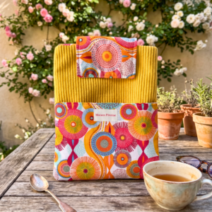 Pochette pour roman en velours côtelé jaune et tissu graphique coloré, présentée sur une table en bois extérieure devant un rosier avec une tasse de café et des lunettes de lecture