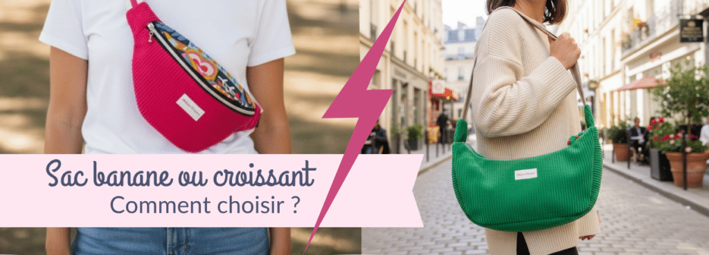 Sac banane Musa rose fuchsia porté à la taille et sac croissant Cosmos vert porté à l'épaule — comparatif Maison Pivoine, créations artisanales made in France