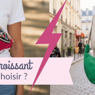 Sac banane Musa rose fuchsia porté à la taille et sac croissant Cosmos vert porté à l'épaule — comparatif Maison Pivoine, créations artisanales made in France
