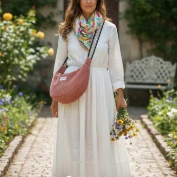 sac croissant rose porté sur une femme en robe blanche portant des fleur , en mode bohéme chic
