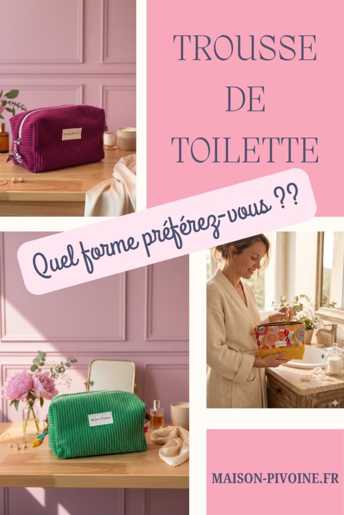 trousse-de-toilette-forme Collage de trois trousses de toilette Maison Pivoine sur fond rose : une trousse rectangulaire en velours côtelé fuchsia, une trousse rectangulaire en velours côtelé vert sur une coiffeuse fleurie, et une femme en peignoir tenant une trousse pochette jaune à fleurs devant un lavabo, avec le texte « Trousse de toilette - Quel forme préférez-vous ? ».