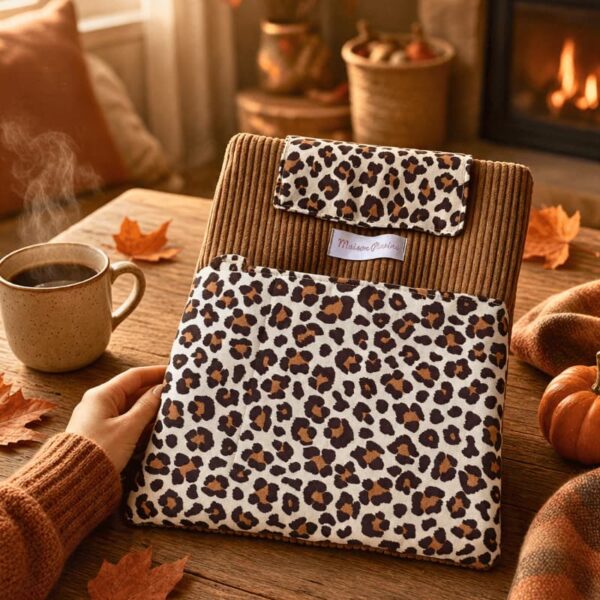 Pochette à livre en tissu à motif léopard, photographiée dans un décor chaleureux.