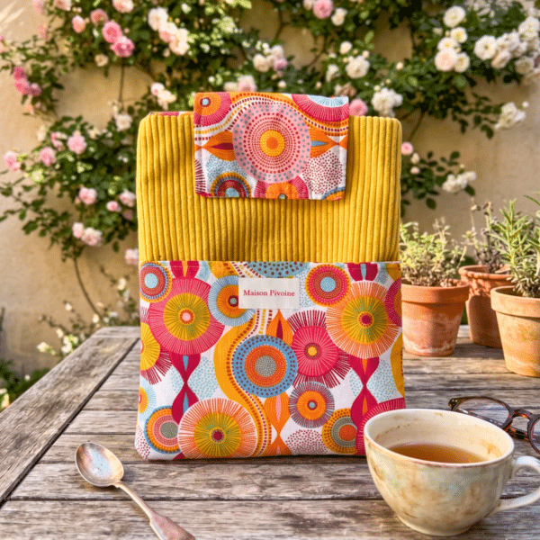 Pochette pour livre velours côtelé et coton fleur Pensée