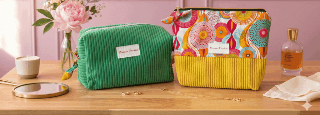 Trousse de toilette rectangulaire en velours vert et une autre trousse en hauteur dasn les jaune posées sur une table en bois avec un vase de lfeur et des bijoux