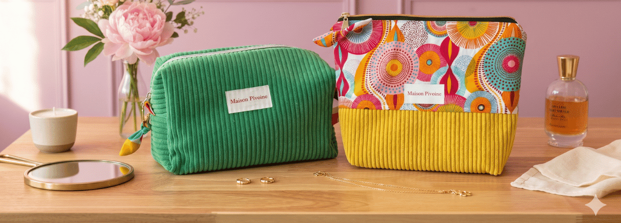 Trousse de toilette rectangulaire en velours vert et une autre trousse en hauteur dasn les jaune posées sur une table en bois avec un vase de lfeur et des bijoux