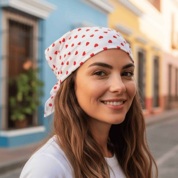 Femme souriante portant un bandana à motif cœurs rouges noué sur la tête.
