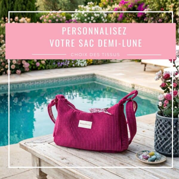 Sac demi-lune en velours côtelé rose fuchsia, posé près d'une piscine, accessoire mode indispensable par Maison Pivoine.