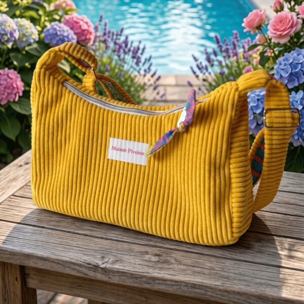 Sac demi-lune pour femme en velours côtelé jaune, posé sur une table en bois avec des fleurs en arrière-plan, création artisanale Maison Pivoine.