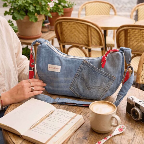 Sac demi-lune en jean recyclé Cosmos de Maison Pivoine posé sur une table de café en bois, avec un carnet, un café et un appareil photo argentique