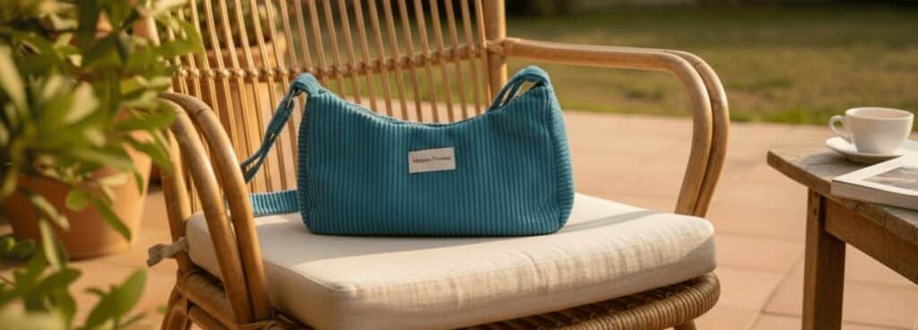 Sac demi-lune femme en velours côtelé turquoise posé sur une chaise en rotin dans un jardin ensoleillé — sac à main compact fait main Maison Pivoine, personnalisable, cousu en Bretagne