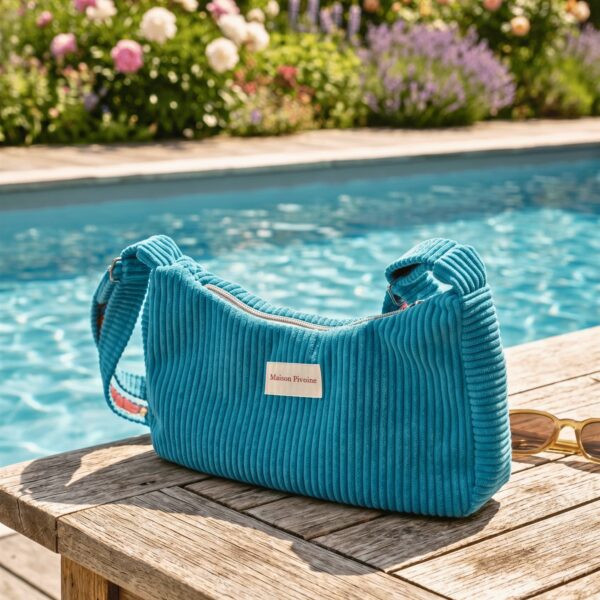 sac demi lune en velours bleu turquoise poser sur une table en bois pres d'une piscine
