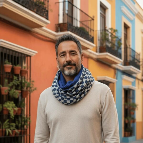 Homme d'âge mûr portant un tour-de-cou léger bleu à motifs et un pull blanc, posant devant des bâtiments colorés.