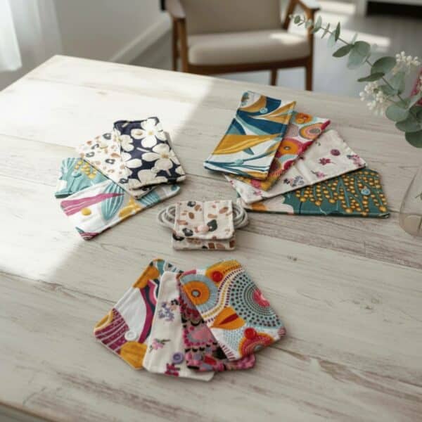 Attache-câble en tissu imprimé fleuri posé sur une surface blanche.