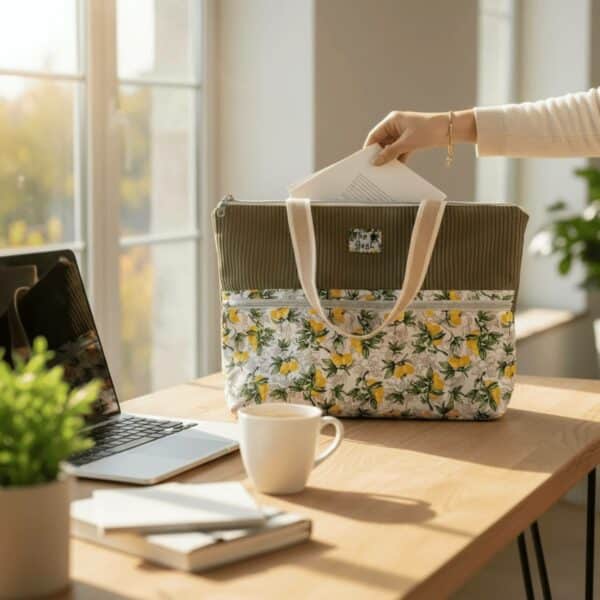 Sac ordinateur velours côtelé imprimé citron tenu à la main