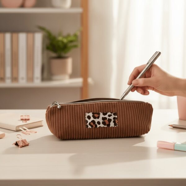 Trousse à stylos velours côtelé « Mimosa », gros plan sur l'étiquette personnalisée